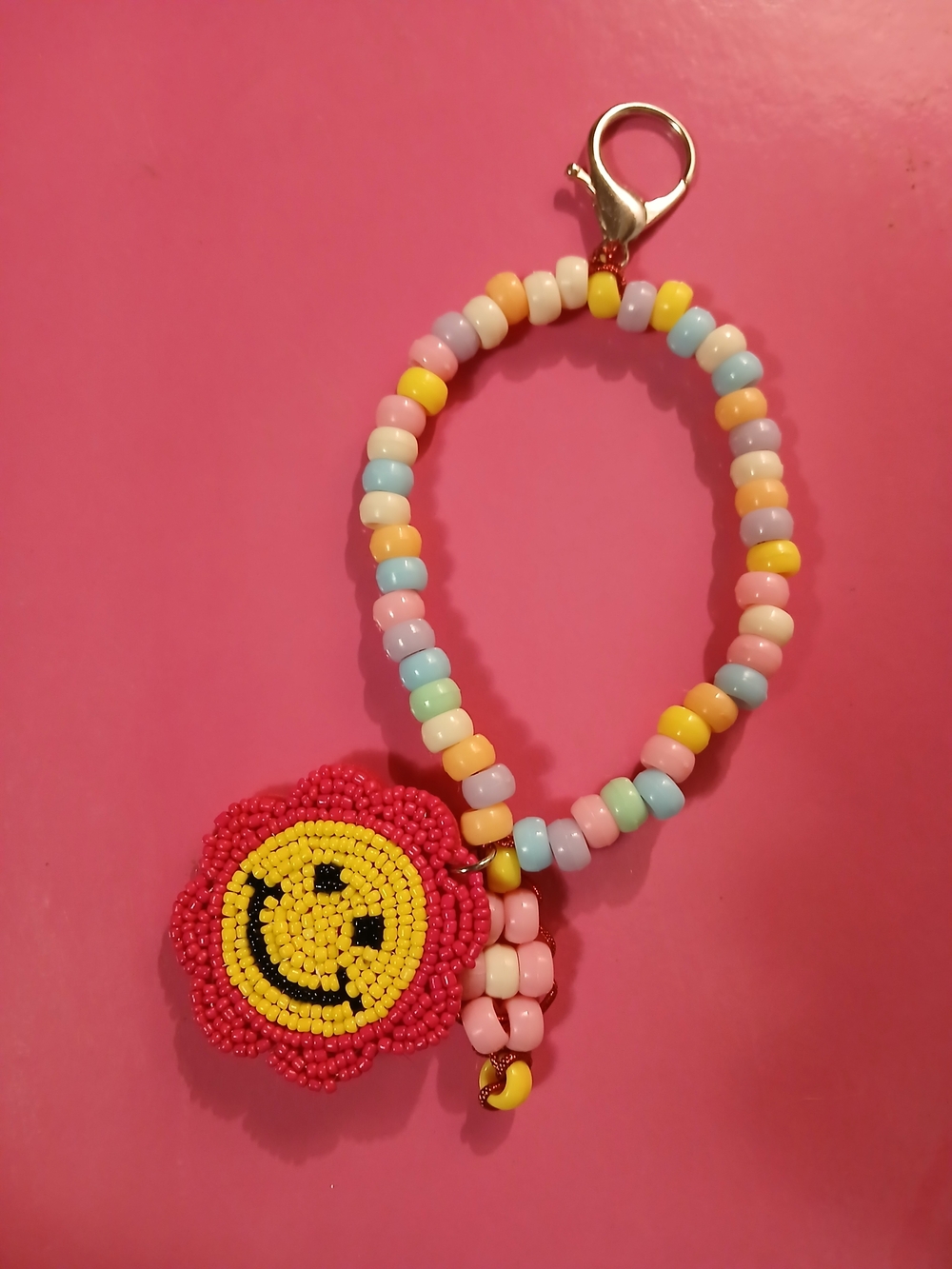 Beaded Smile Flower Keychain Wristlet Bag Charm Pastel Multicolor